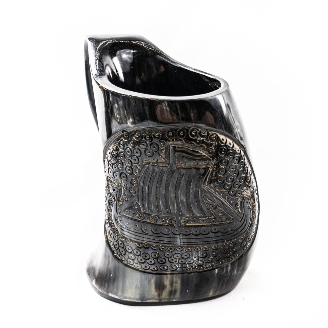 Viking Mug with Viking Ship Etching- 16-24 Fl Oz- Horn Mug