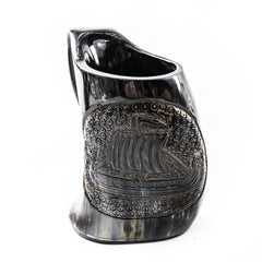 Viking Mug with Viking Ship Etching- 16-24 Fl Oz- Horn Mug - Battling Blades