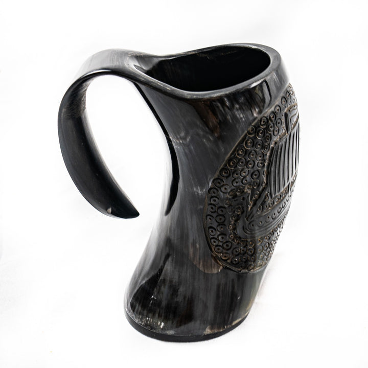 Viking Mug with Viking Ship Etching- 16-24 Fl Oz- Horn Mug
