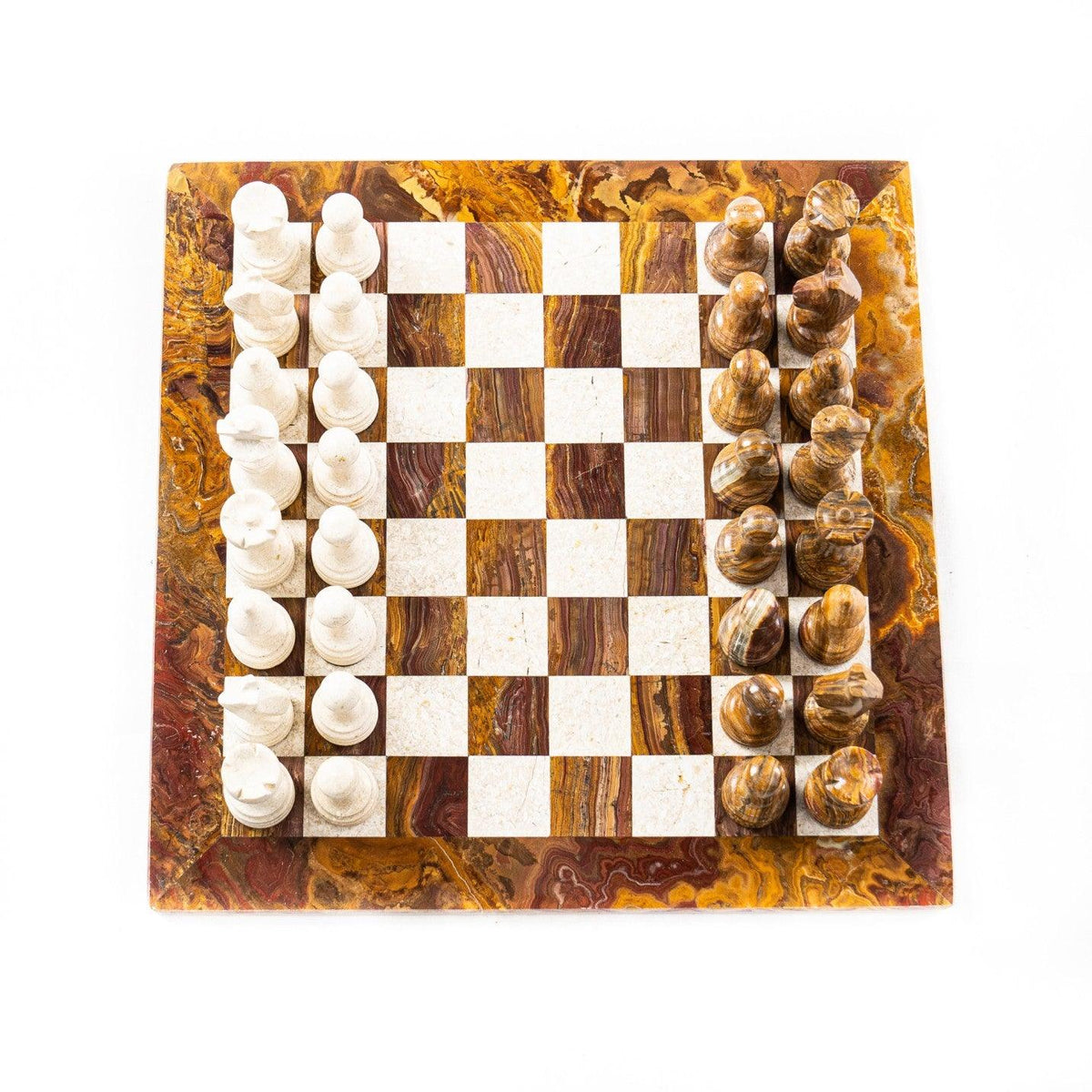 Marble Chess Set- White Coral and Red Marble Chess Board with Pieces- 12" - Battling Blades