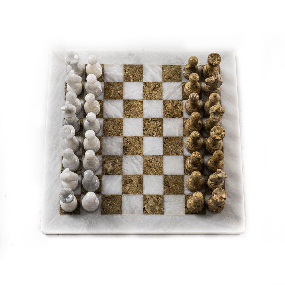 Marble Chess Set- White and Coral with Chess Pieces- White Border- 12"