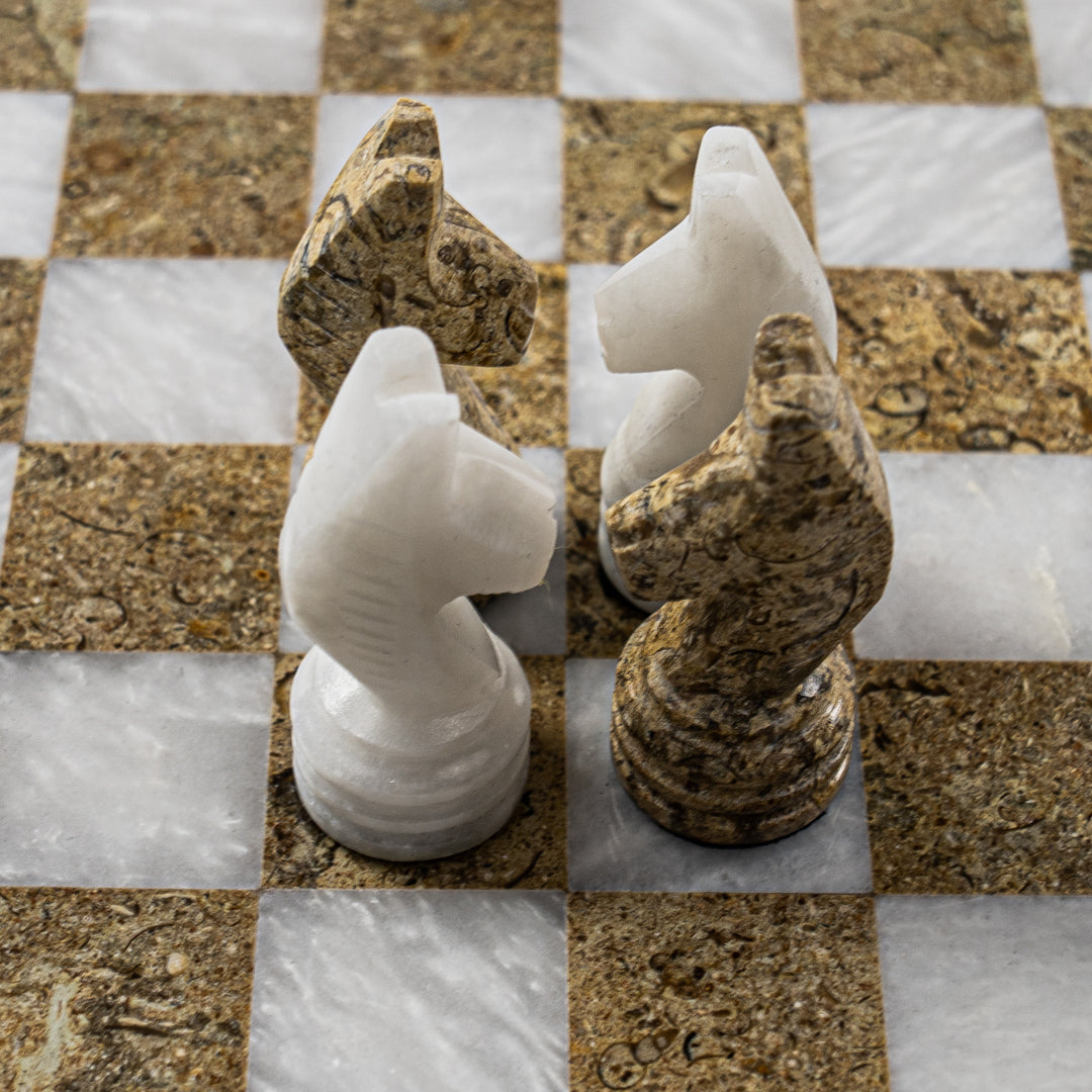 Marble Chess Set- White and Coral with Chess Pieces- White Border- 12"