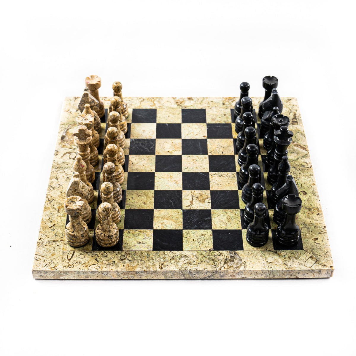 Marble Chess Set- Botticino and Black Marble Chess Board with Pieces- 12" - Battling Blades