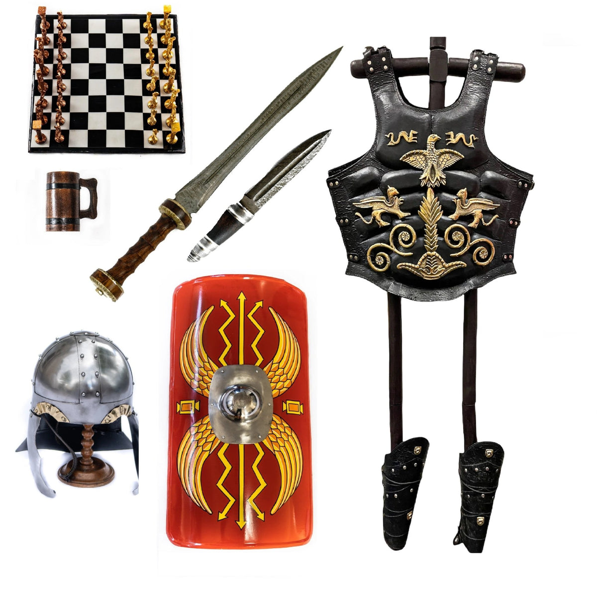 Roman Bundle- Gladius Sword, Knife, Helmet, Shield, Chess Set and More - Battling Blades