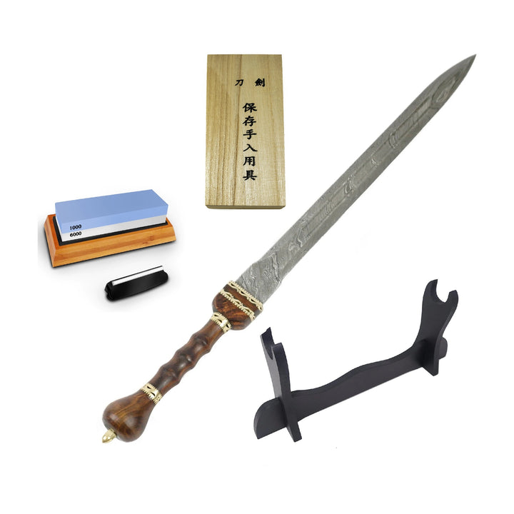 Gladius Bundle- Damascus Steel Gladius Sword- Maintenance Kit- Sword Sharpener- Sword Stand