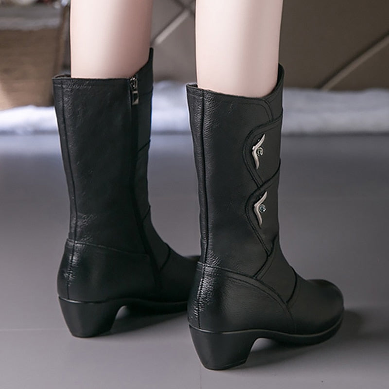 Mid- Calf Non Slip Leather Boots - Winter Boots