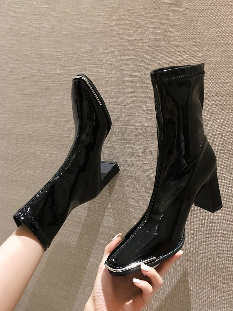 Glossy Motorcycle Boots - Mid-calf Boots