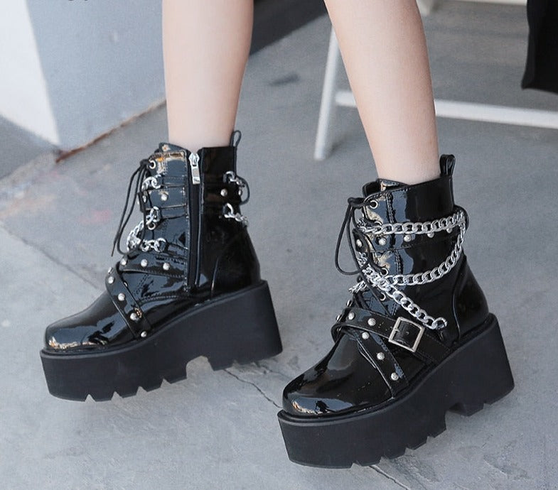 Square Heel Chain Boots - Gothic Boots