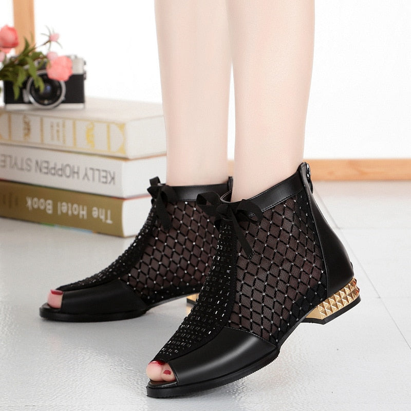 Hollow Mesh Bow Boots - Ankle Boots