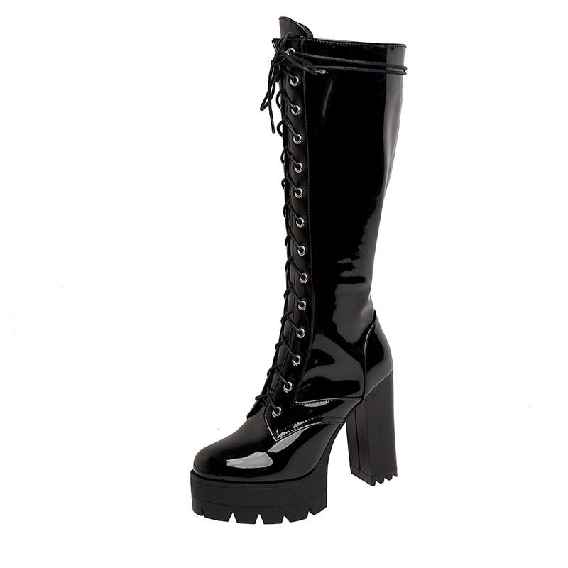 Patent Lace Up Platform Leather Boots- Women