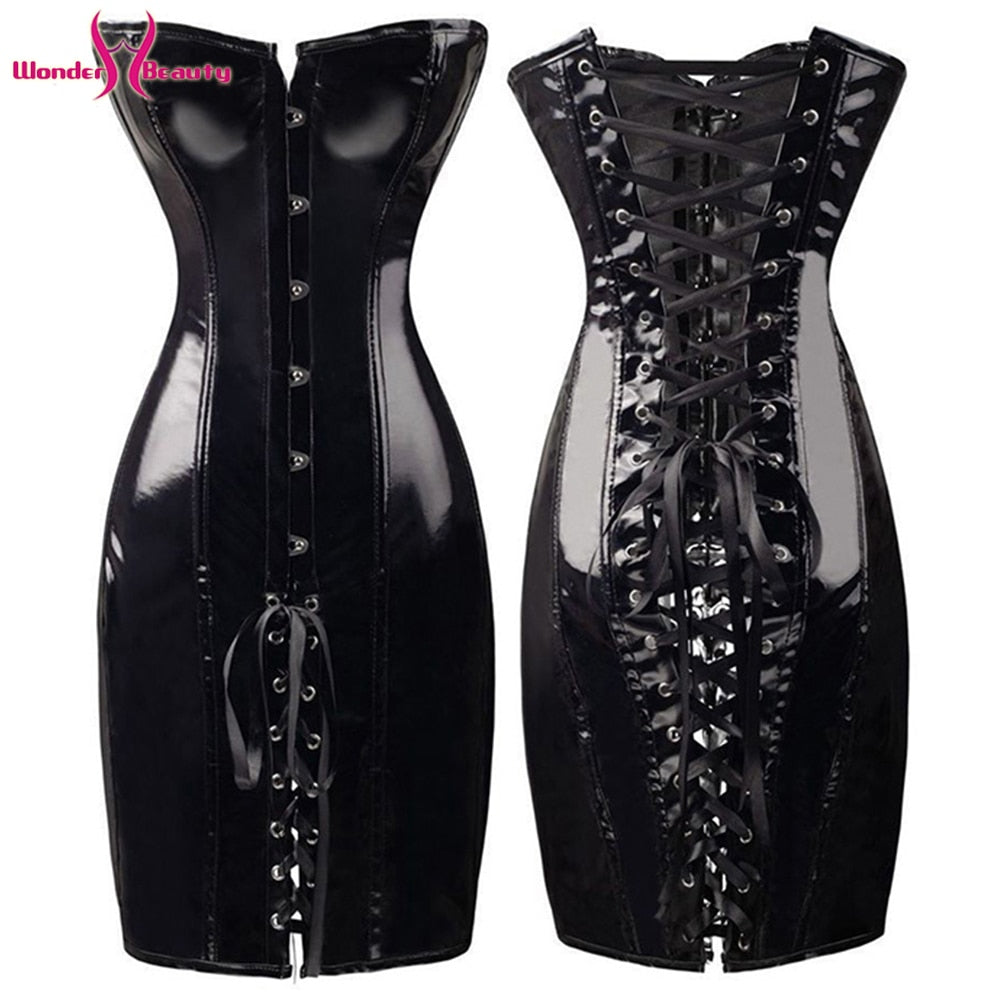 Wet Look Lace Up Gothic Corset