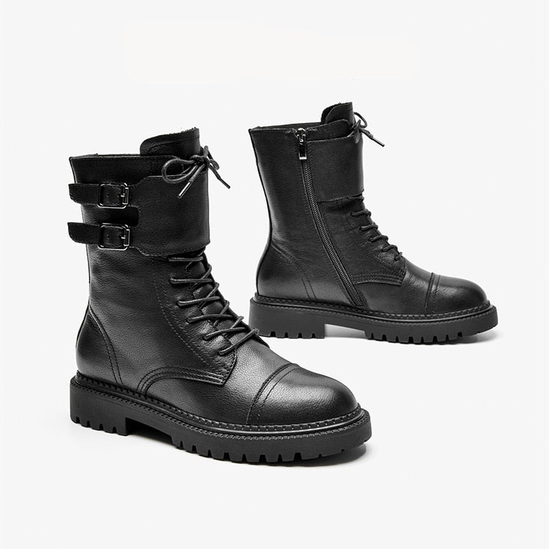 Buckle Leather Boots - Ankle Boots