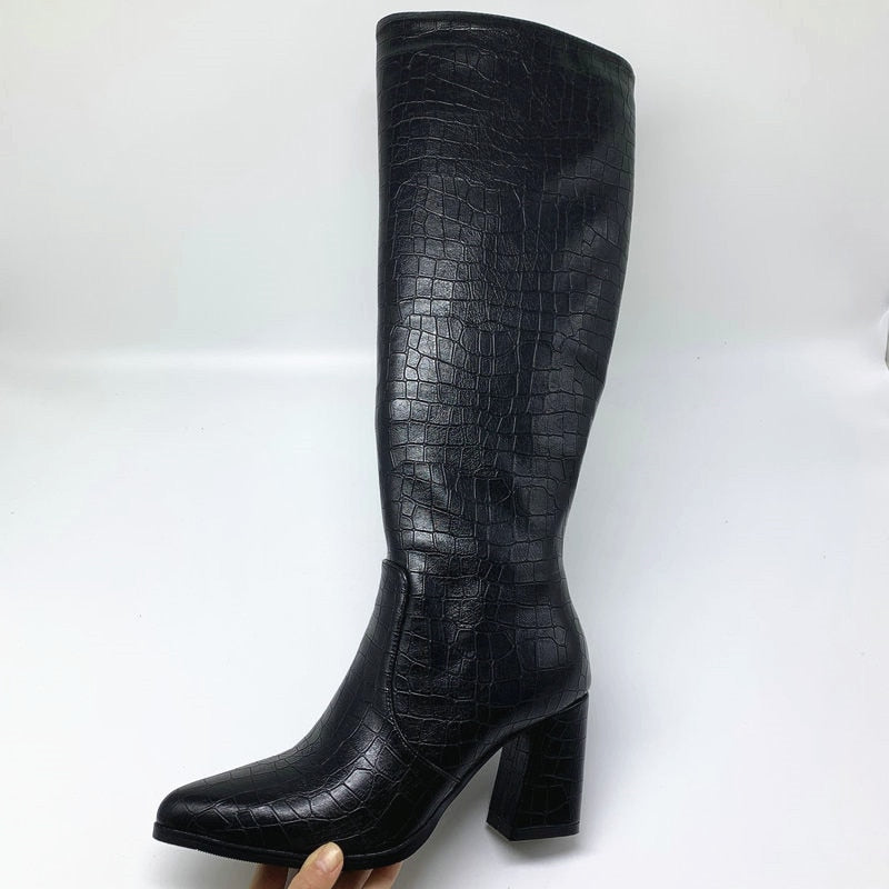 Chunky Block Designer Boots - Knee High Boots