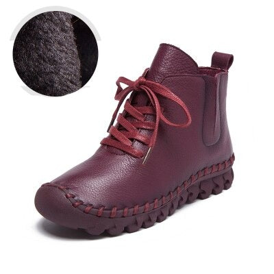 Genuine Leather Flat Boots - Ankle Boots