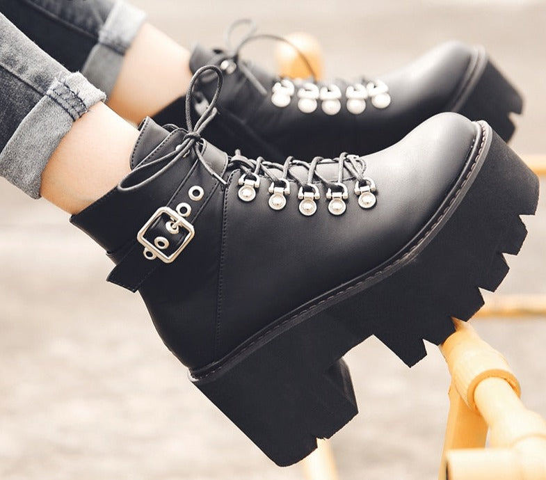 Chunky Lace-up Black Gothic Boots - Winter Boots