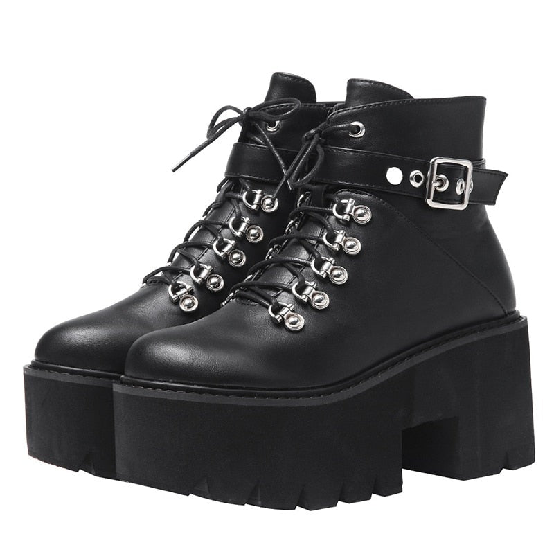 Chunky Lace-up Black Gothic Boots - Winter Boots