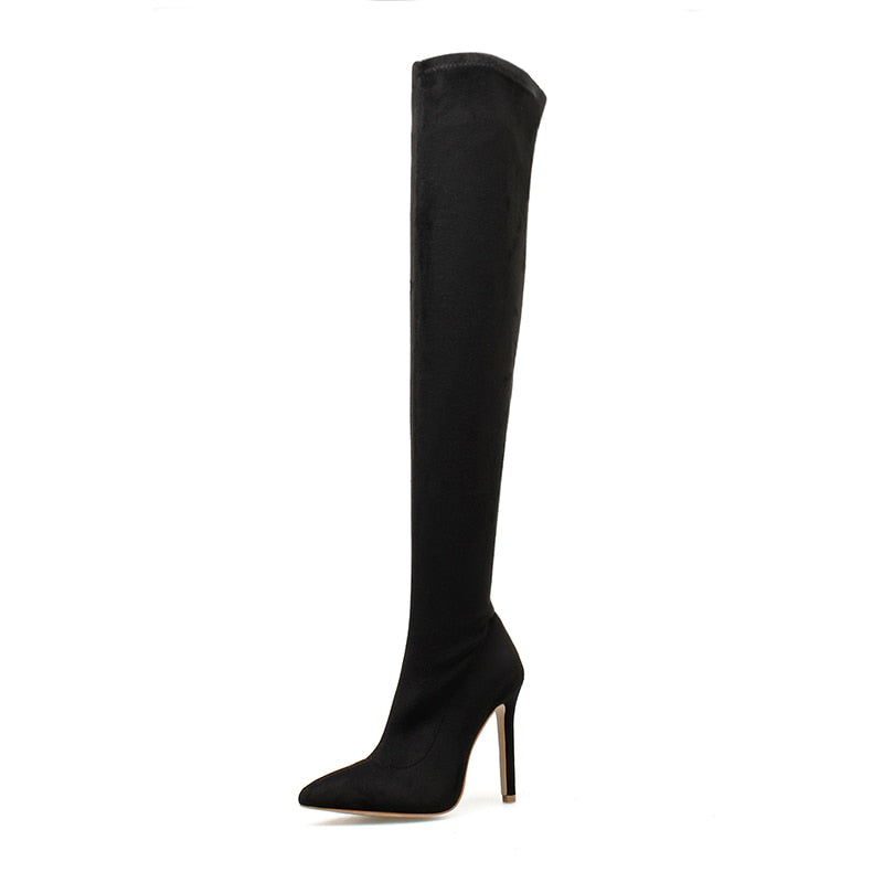 Stretch Over Pointed Toe Faux Boots - Long Boots