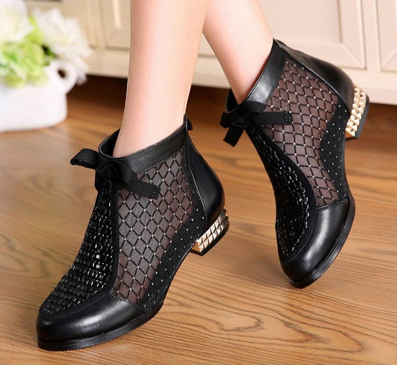 Hollow Mesh Bow Boots - Ankle Boots