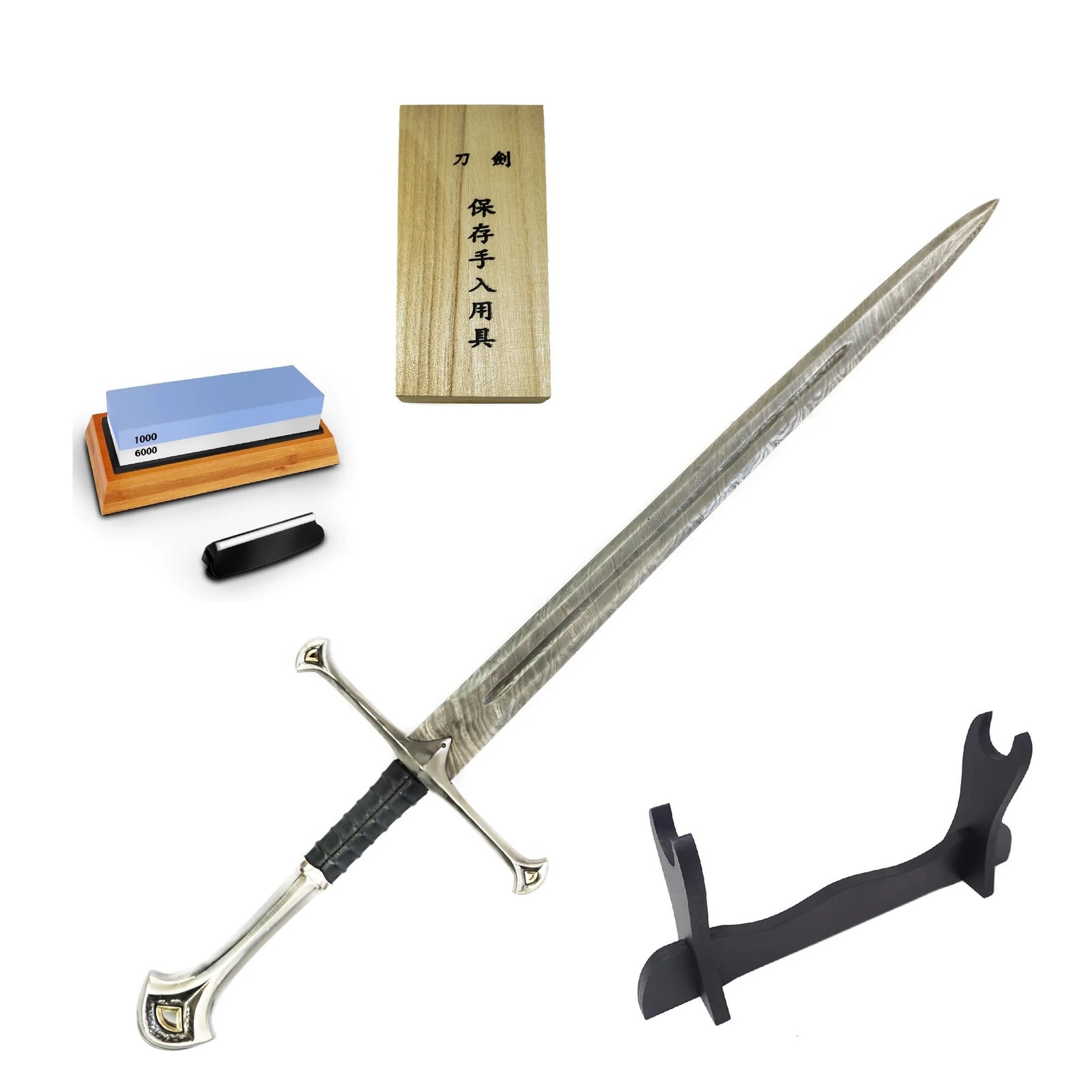 Longsword Bundle- Damascus Steel Longsword- Maintenance Kit- Sword Sharpener- Sword Stand - Battling Blades