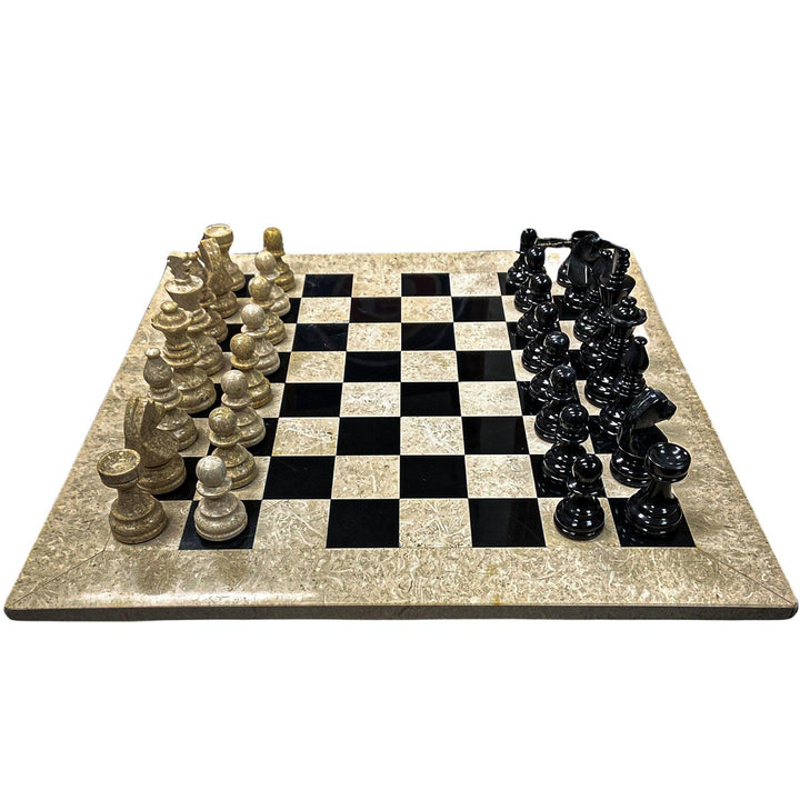 Large Marble Chess Set- Black and White Coral with Fancy Chess Pieces- White Border- 16" - Battling Blades