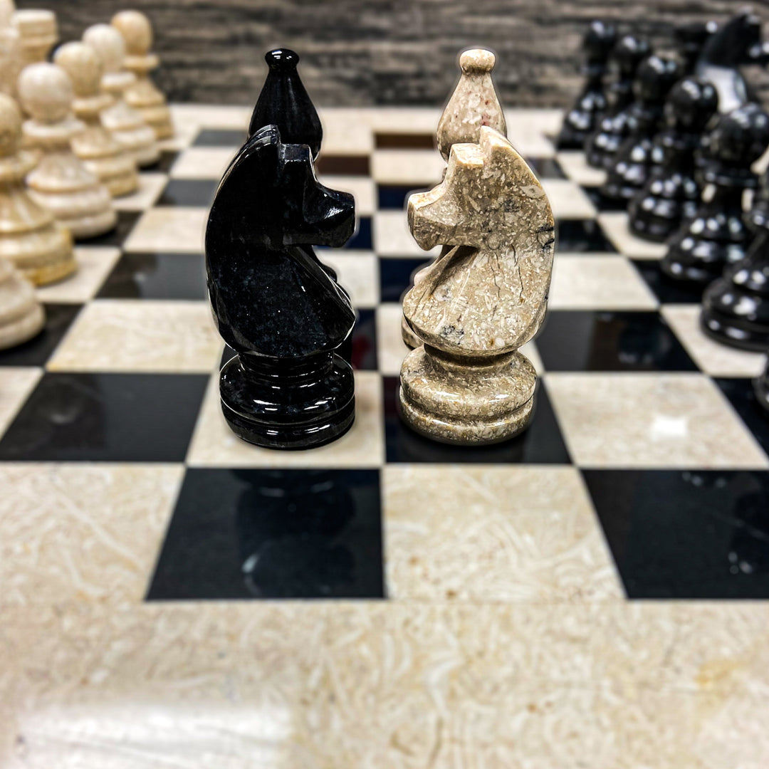 Large Marble Chess Set- Black and White Coral with Fancy Chess Pieces- White Border- 16"
