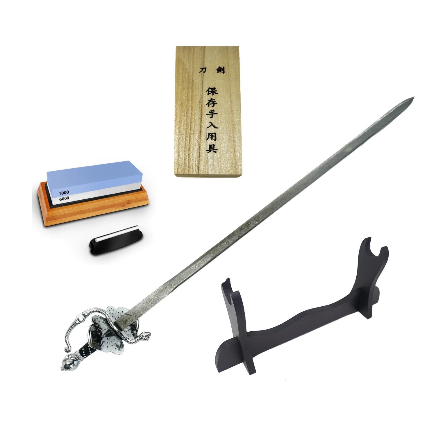 Leaf Rapier Bundle- Damascus Steel Rapier Sword- Maintenance Kit- Sword Sharpener- Sword Stand - Battling Blades