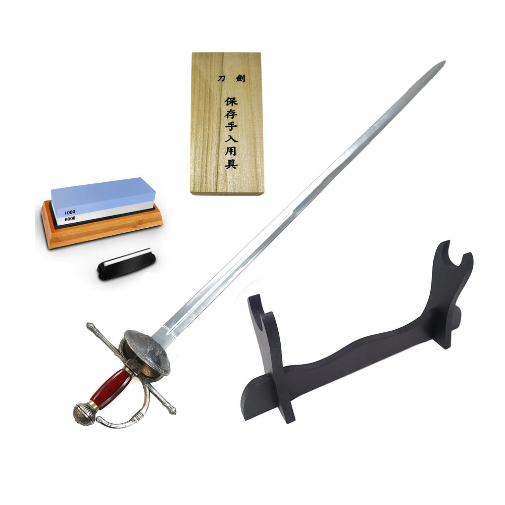 Rapier Bundle- Damascus Steel Rapier Sword- Maintenance Kit- Sword Sharpener- Sword Stand