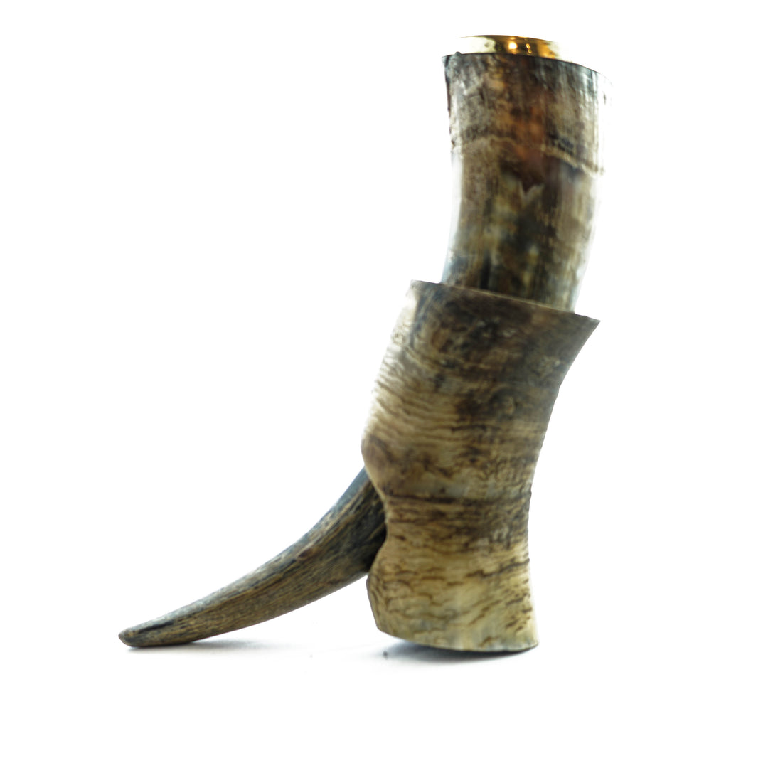 Viking Drinking Horn- Large - Horn Stand and Decorative Metal Rim- Buffalo Horn- 16 Fl Oz