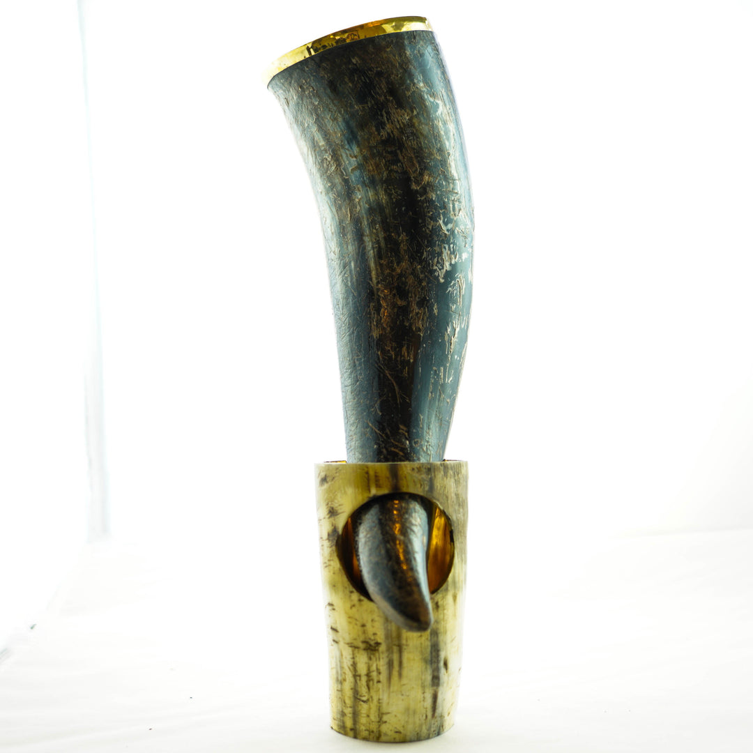 Viking Drinking Horn- Small with Horn Stand and Decorative Metal Rim- Buffalo Horn- 8 Fl Oz