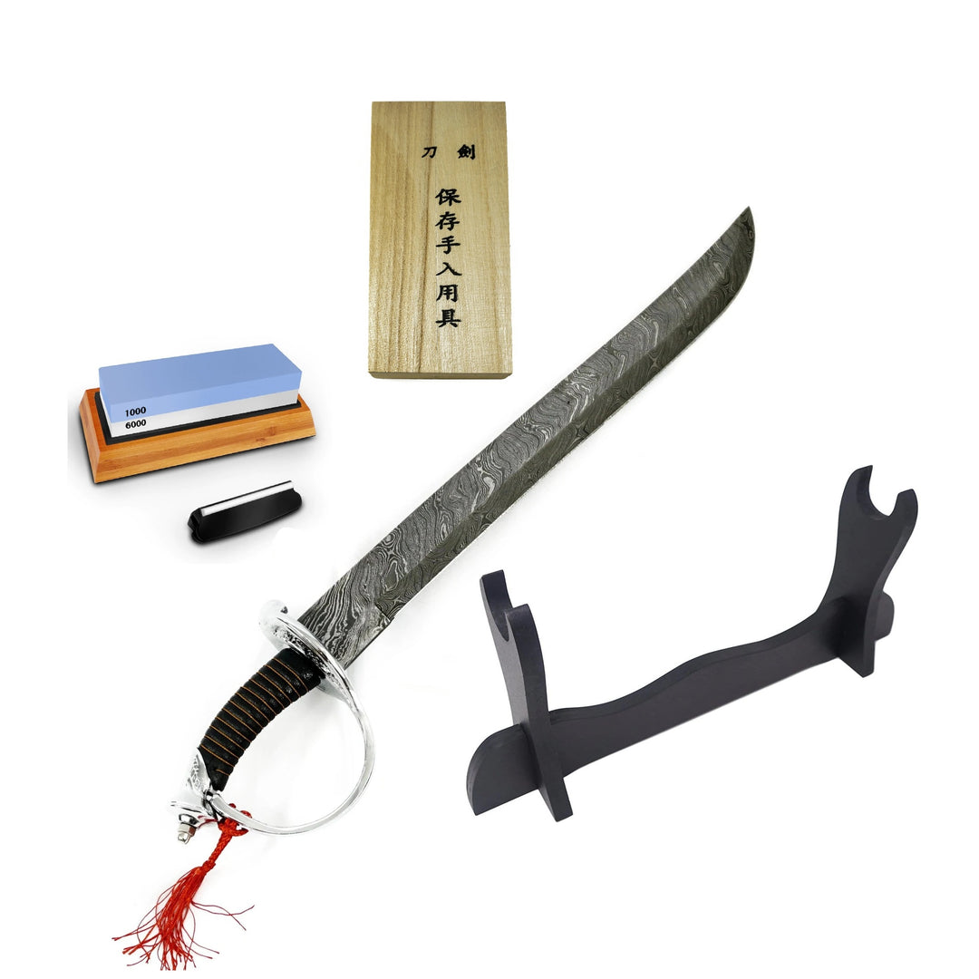 Cutlass Bundle- Damascus Steel Cutlass Sword- Maintenance Kit- Sword Sharpener- Sword Stand