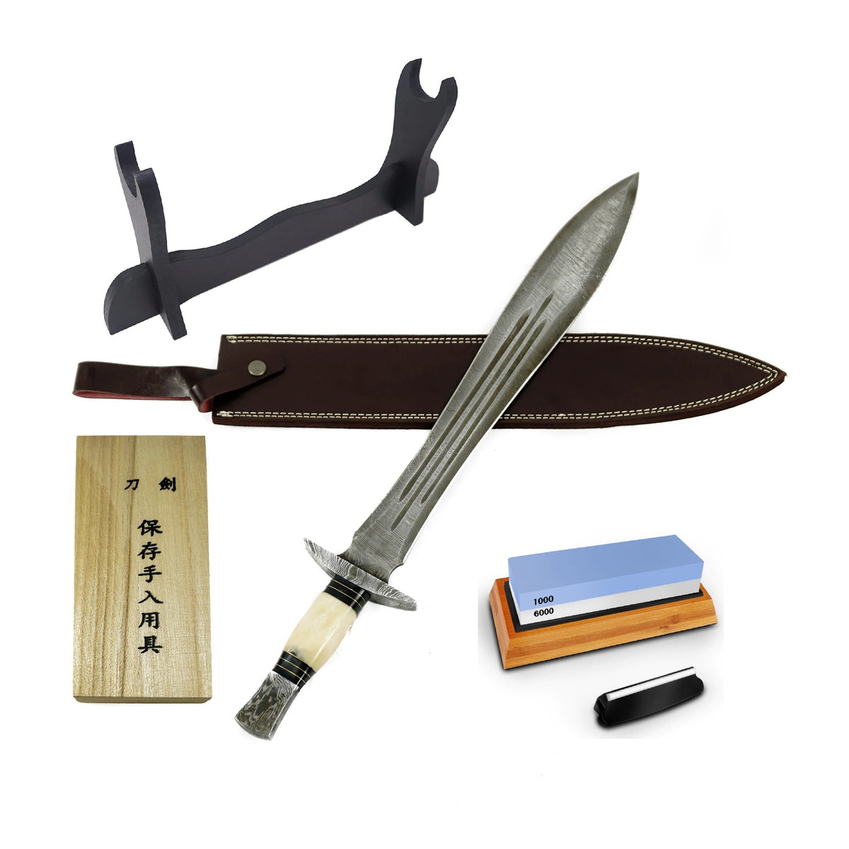 Viking Sword Bundle- Damascus Steel Viking Sword- Maintenance Kit- Sword Sharpener- Sword Stand - Battling Blades