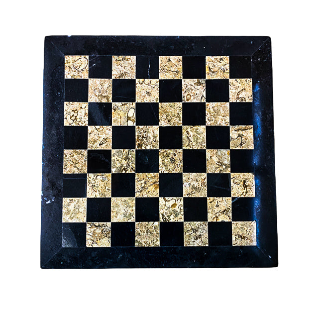 Checkers Set- Draughts- Black and White Coral with Chess Pieces- Black Border- 12"