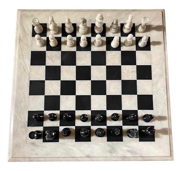 Marble Chess Table- Black and White with Fancy Chess Pieces- White Border- 24"
