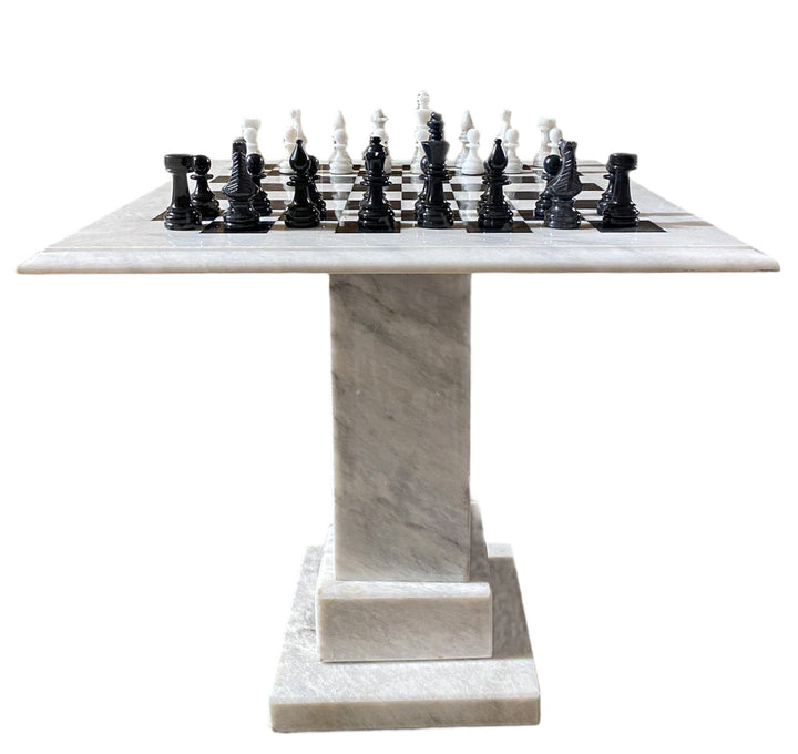 Marble Chess Table- Black and White with Fancy Chess Pieces- White Border- 24"