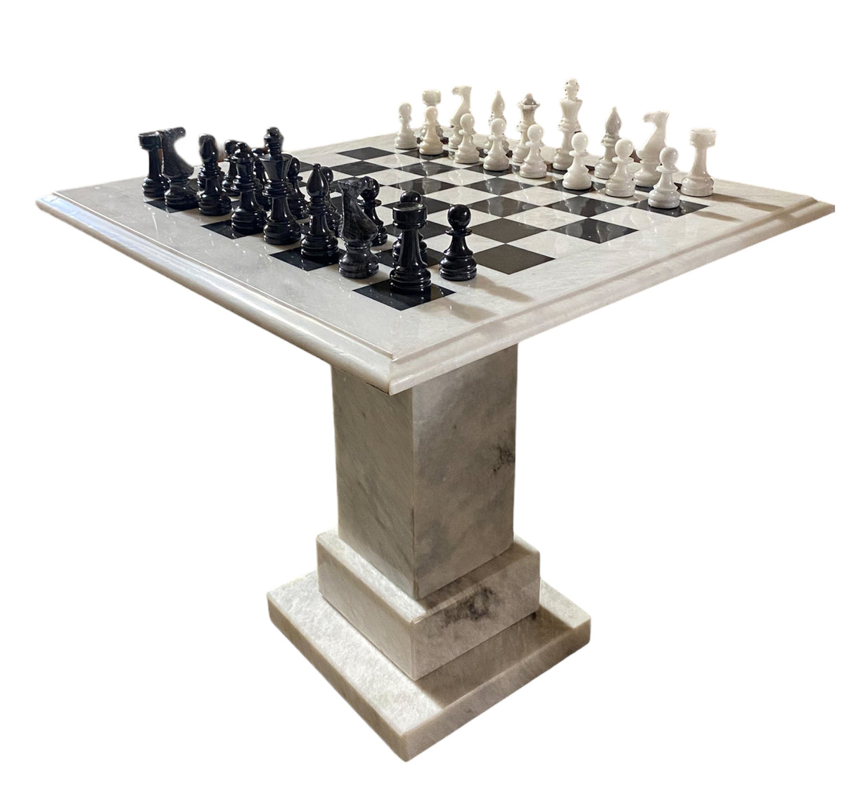 Marble Chess Table- Black and White with Fancy Chess Pieces- White Border- 24" - Battling Blades