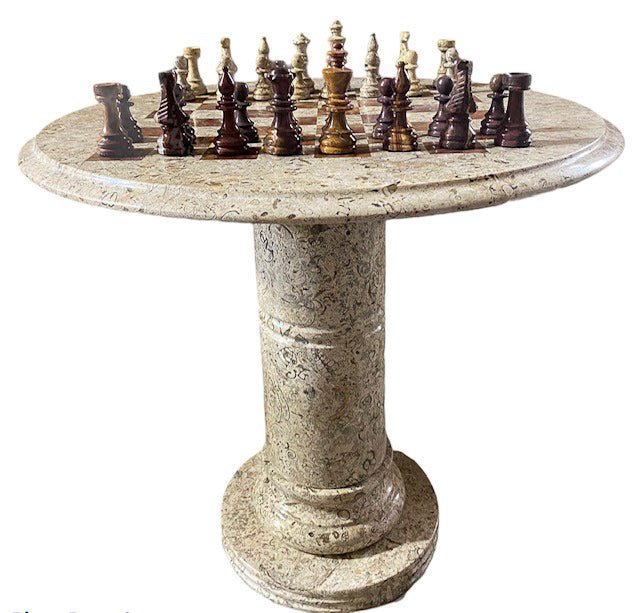 Marble Chess Table- Red and White Coral with Fancy Chess Pieces- White Border- 24" - Battling Blades
