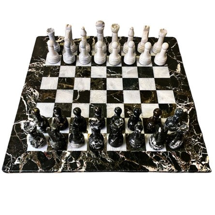 Large Marble Chess Set- Black Zebra and White- 16"