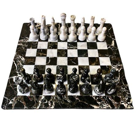 Large Marble Chess Set- Black Zebra and White- 16" - Battling Blades